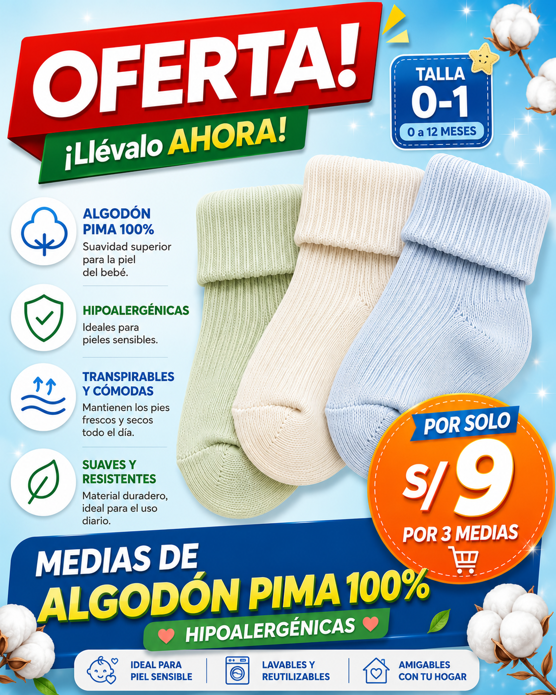 Set 3 Pares de Medias de 100% algodón (0-1)
