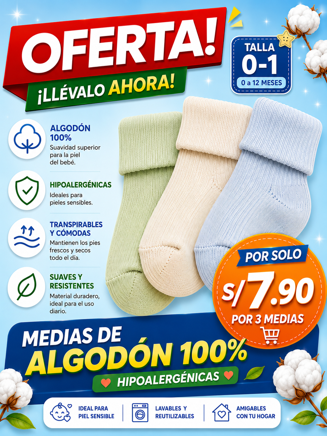 Set 3 Pares de Medias de 100% algodón (0-1)