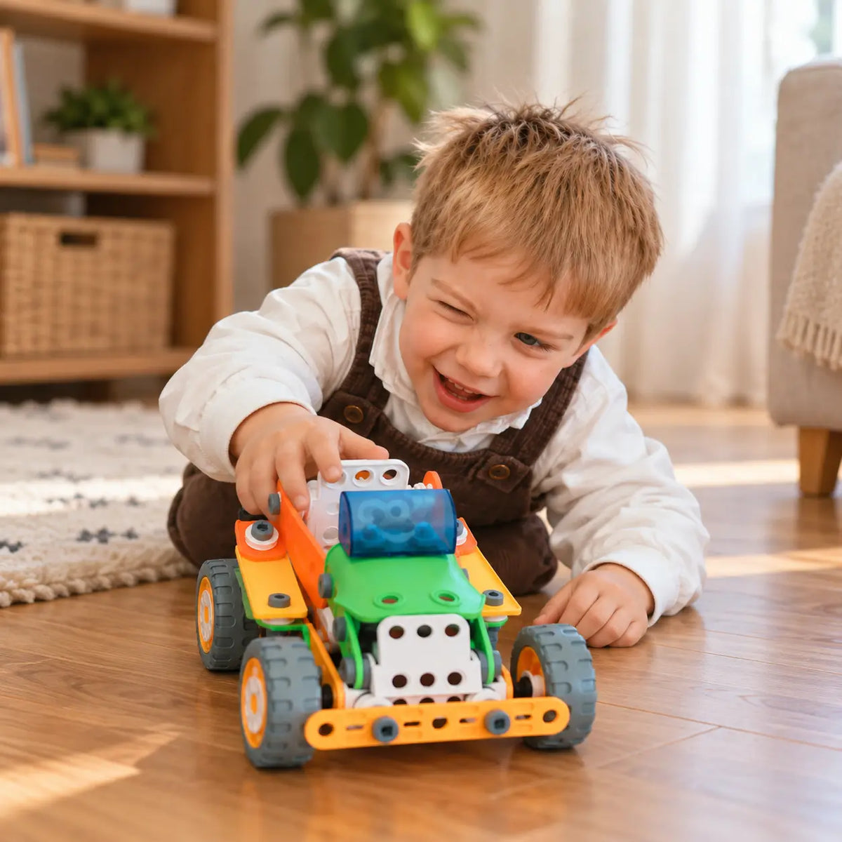 Niño mostrando orgulloso un robot de piezas