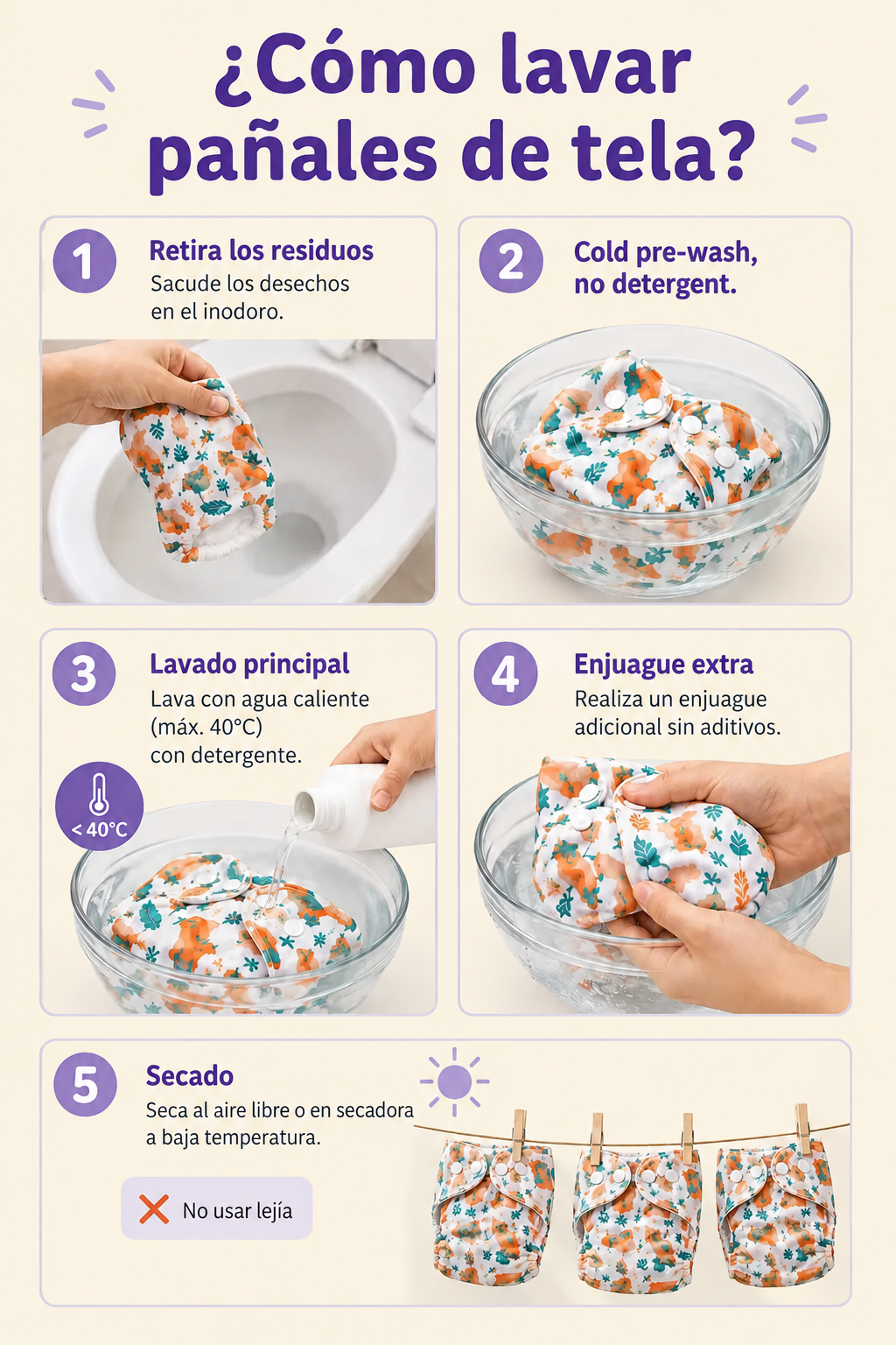 Guía de lavado de pañales con fondo crema