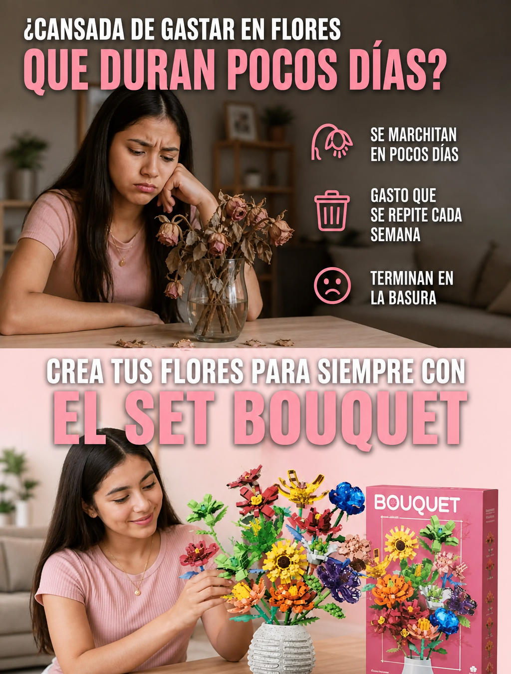 Set Bouquet con fondo rosa claro